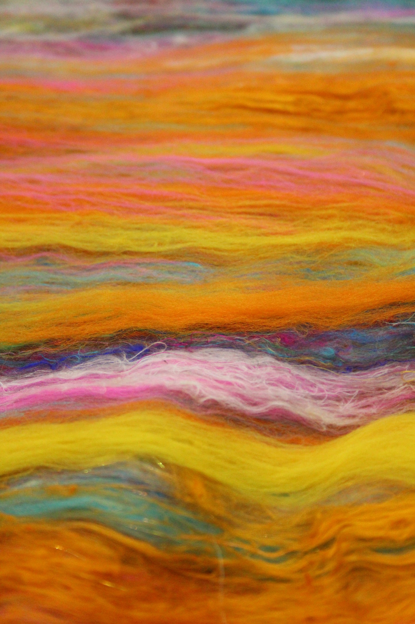 Merino Art Batt  - Yellow Pink Orange Blue - 52 grams 1.8 oz - Wool for felting, spinning and weaving