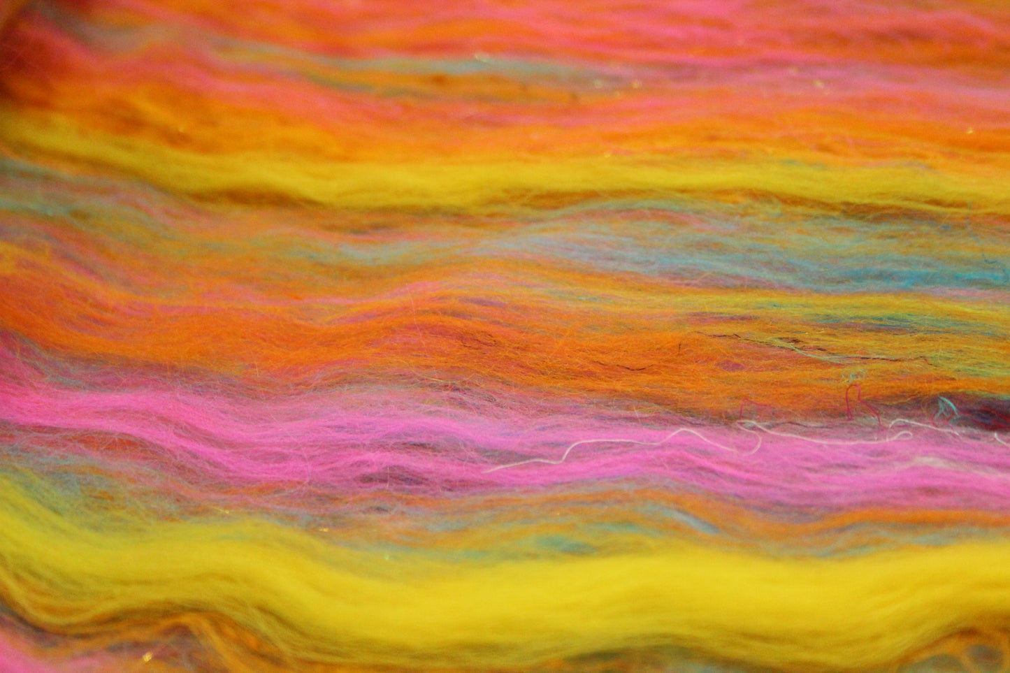 Merino Art Batt  - Yellow Pink Orange Blue - 52 grams 1.8 oz - Wool for felting, spinning and weaving
