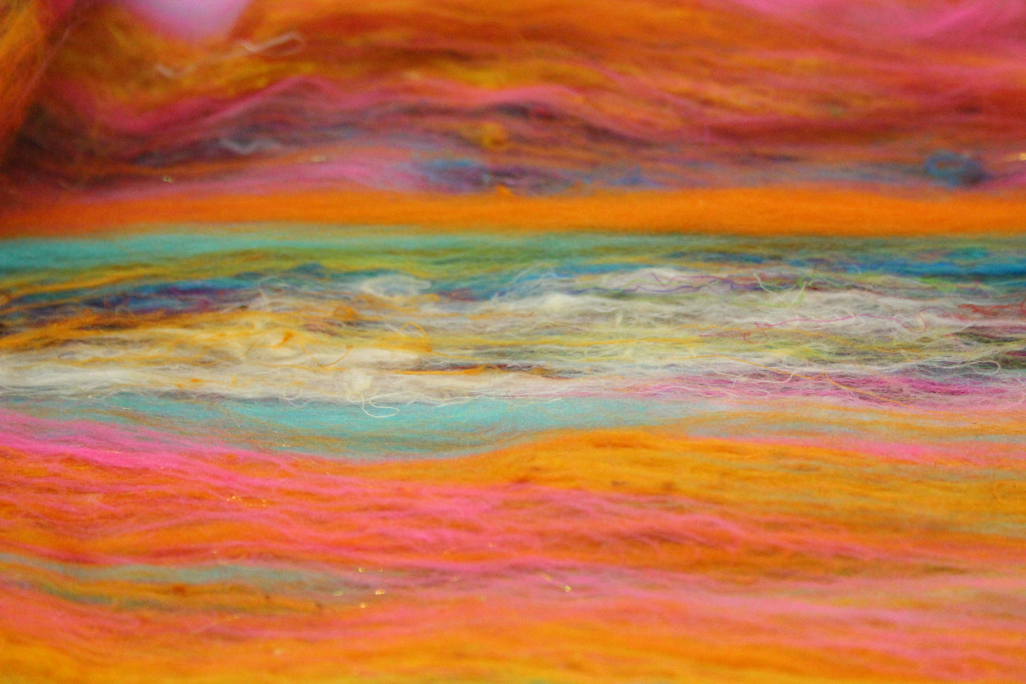Merino Art Batt  - Yellow Pink Orange Blue - 52 grams 1.8 oz - Wool for felting, spinning and weaving