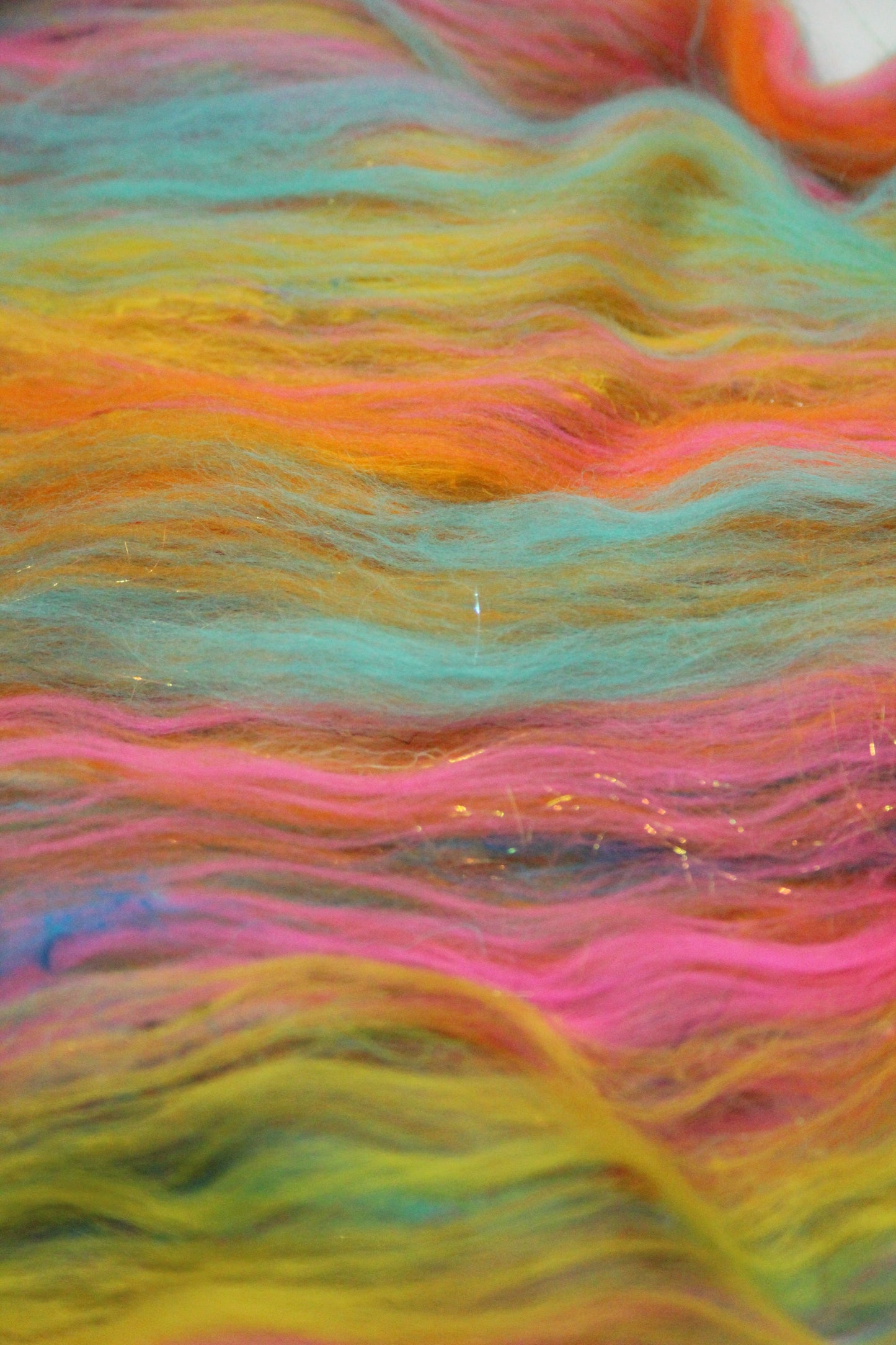 Merino Art Batt  - Yellow Pink Orange Blue - 52 grams 1.8 oz - Wool for felting, spinning and weaving