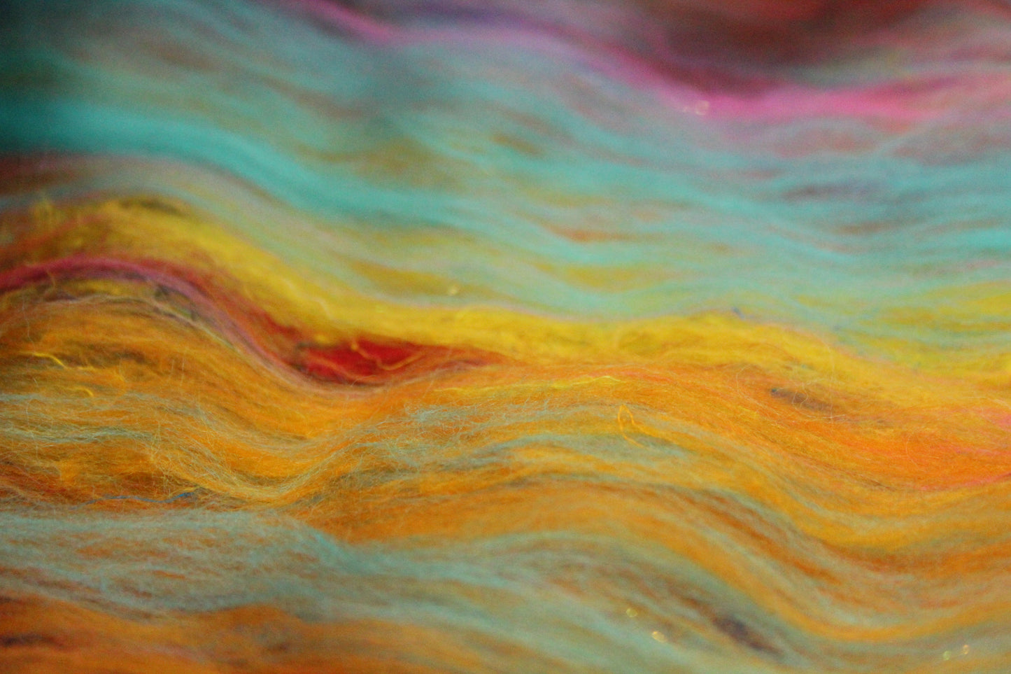Merino Art Batt  - Yellow Pink Orange Blue - 52 grams 1.8 oz - Wool for felting, spinning and weaving