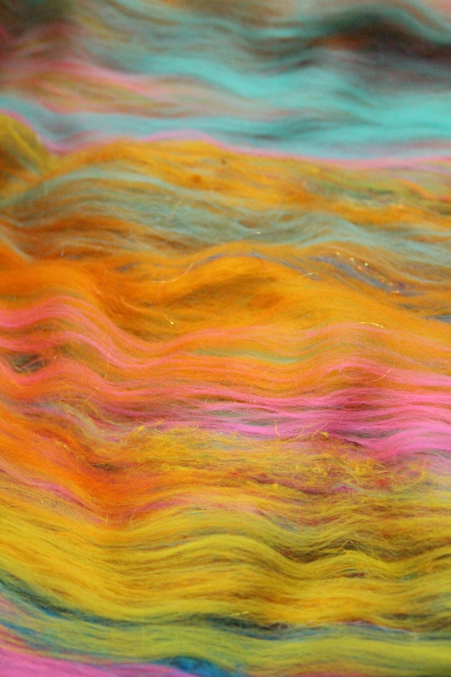 Merino Art Batt  - Yellow Pink Orange Blue - 52 grams 1.8 oz - Wool for felting, spinning and weaving