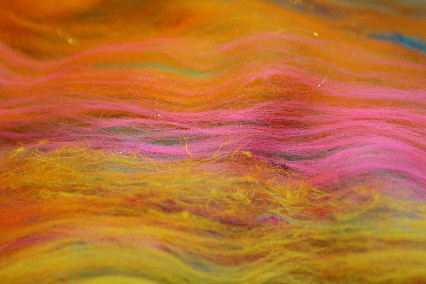 Merino Art Batt  - Yellow Pink Orange Blue - 52 grams 1.8 oz - Wool for felting, spinning and weaving