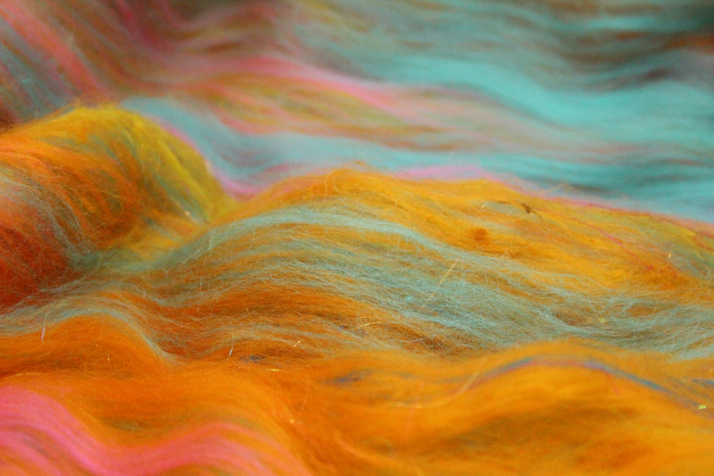 Merino Art Batt  - Yellow Pink Orange Blue - 52 grams 1.8 oz - Wool for felting, spinning and weaving