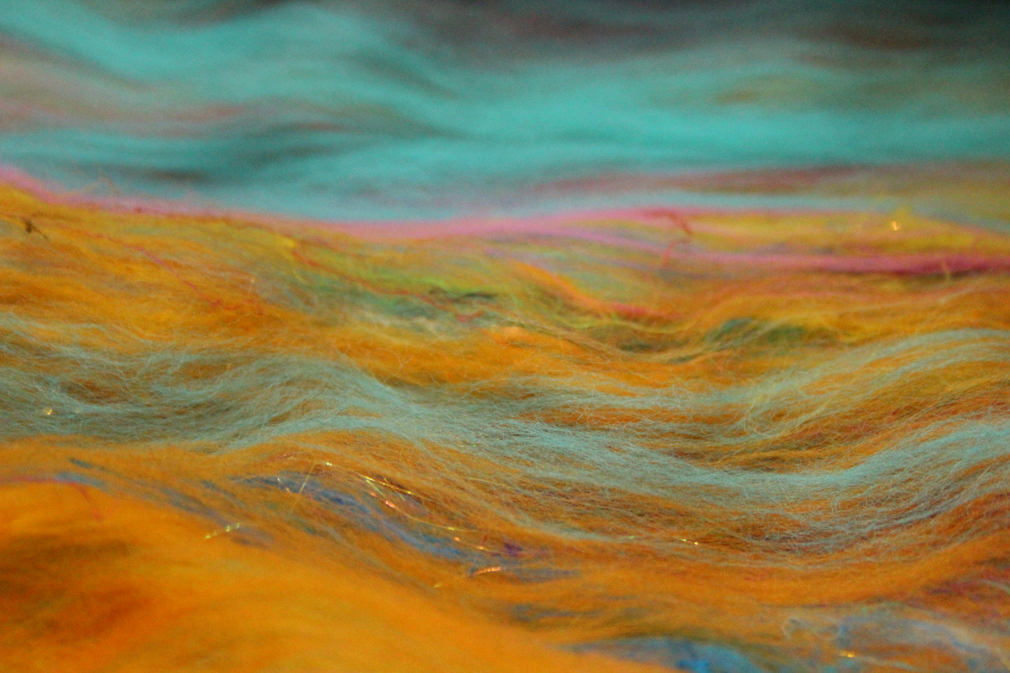 Merino Art Batt  - Yellow Pink Orange Blue - 52 grams 1.8 oz - Wool for felting, spinning and weaving