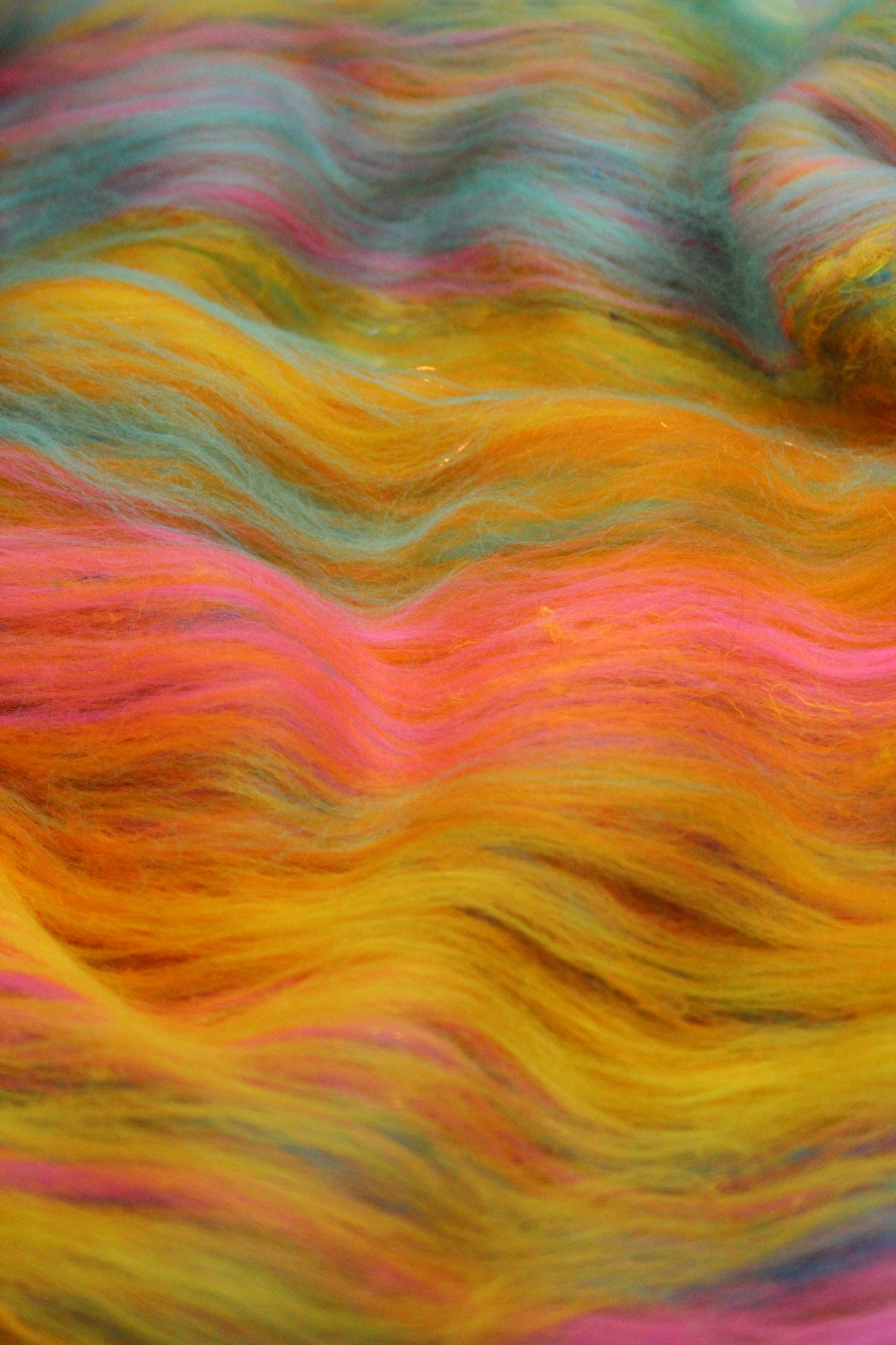 Merino Art Batt  - Yellow Pink Orange Blue - 52 grams 1.8 oz - Wool for felting, spinning and weaving