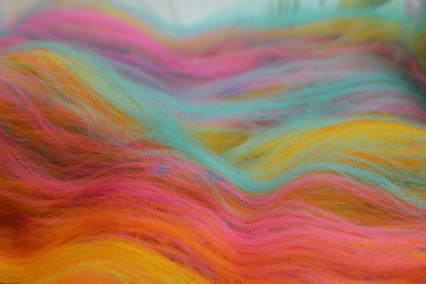 Merino Art Batt  - Yellow Pink Orange Blue - 52 grams 1.8 oz - Wool for felting, spinning and weaving