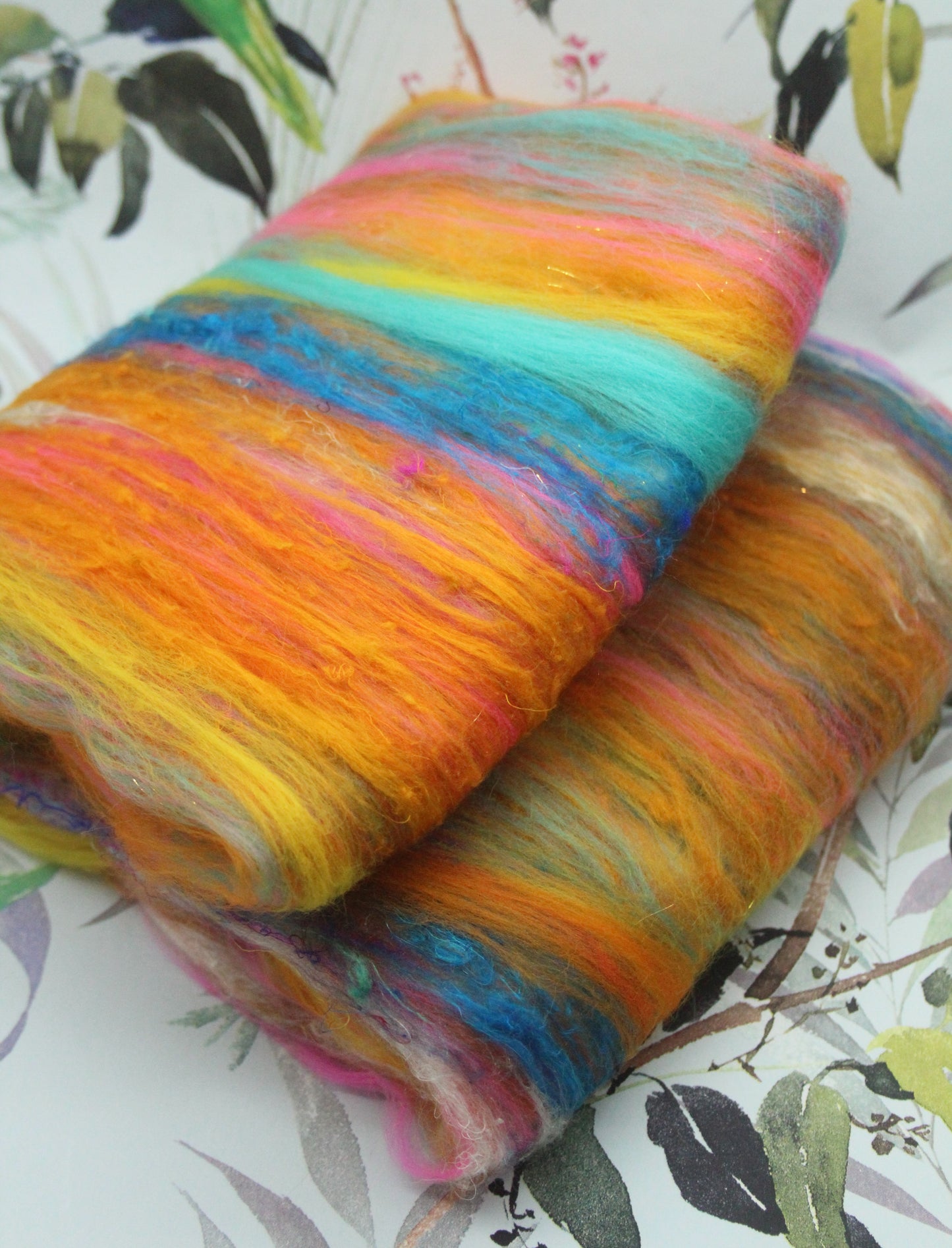 Merino Art Batt  - Yellow Pink Orange Blue - 52 grams 1.8 oz - Wool for felting, spinning and weaving