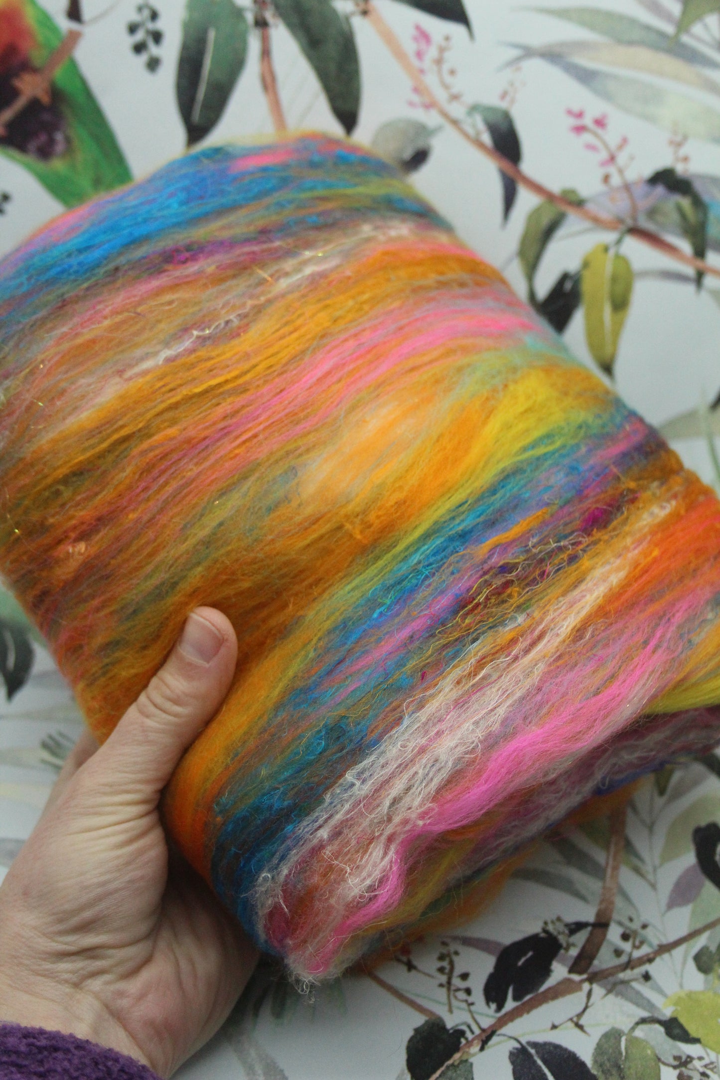 Merino Art Batt  - Yellow Pink Orange Blue - 52 grams 1.8 oz - Wool for felting, spinning and weaving