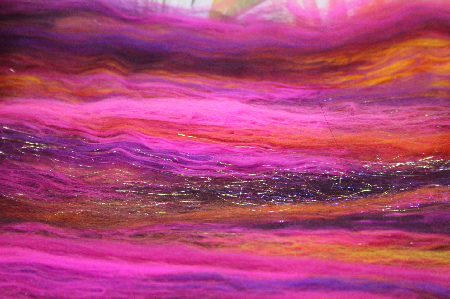 Merino Art Batt  - Pink Yellow Purple Orange - 88 grams 3.1 oz - Wool for felting, spinning and weaving