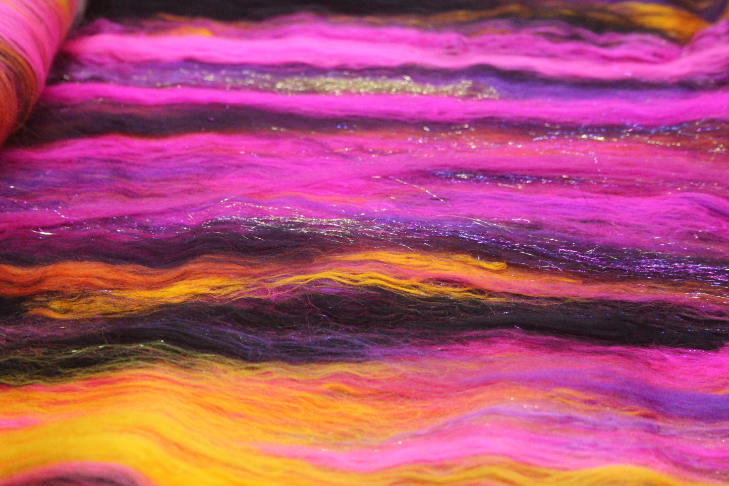 Merino Art Batt  - Pink Yellow Purple Orange - 88 grams 3.1 oz - Wool for felting, spinning and weaving