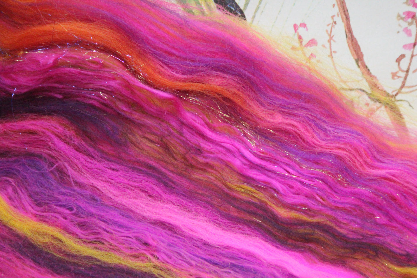 Merino Art Batt  - Pink Yellow Purple Orange - 88 grams 3.1 oz - Wool for felting, spinning and weaving