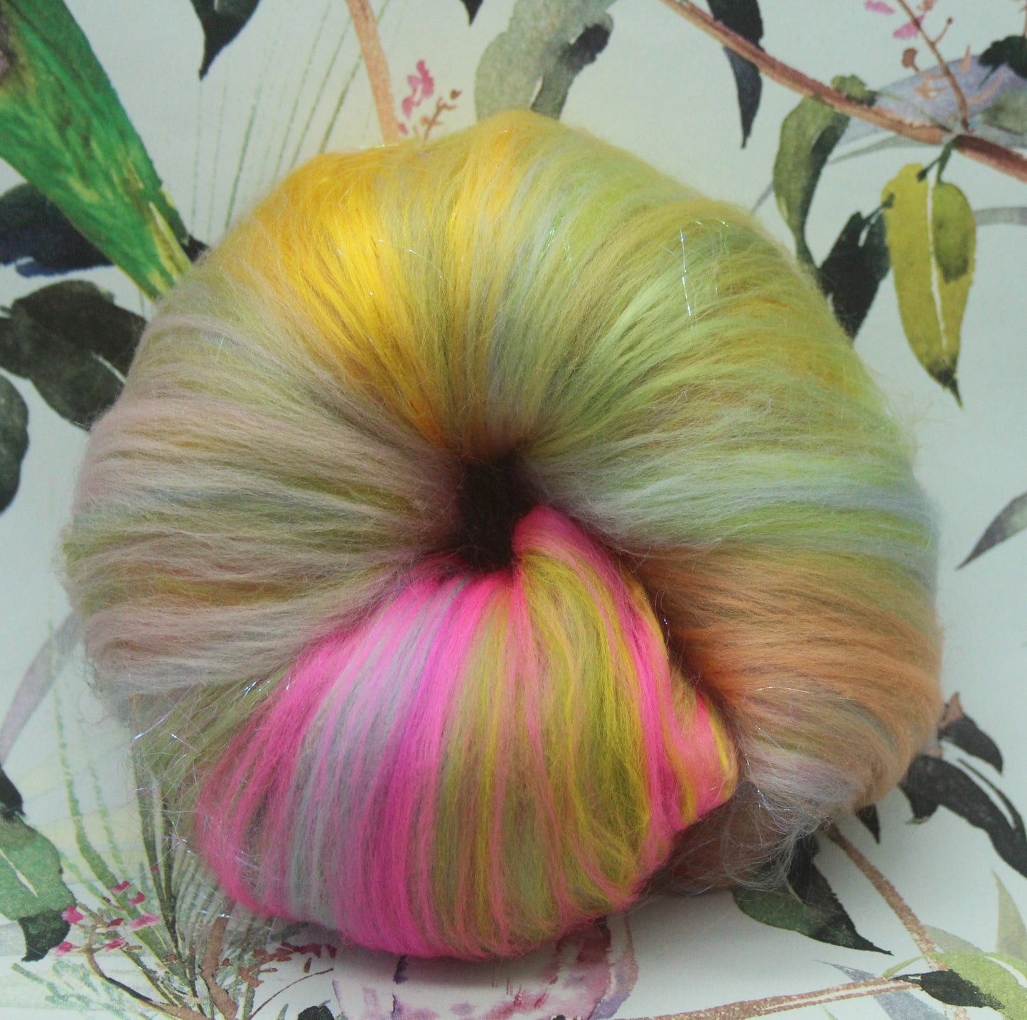 Merino Art Batt  - Blue Pink Green Yellow - 90 grams 3.1 oz - Wool for felting, spinning and weaving