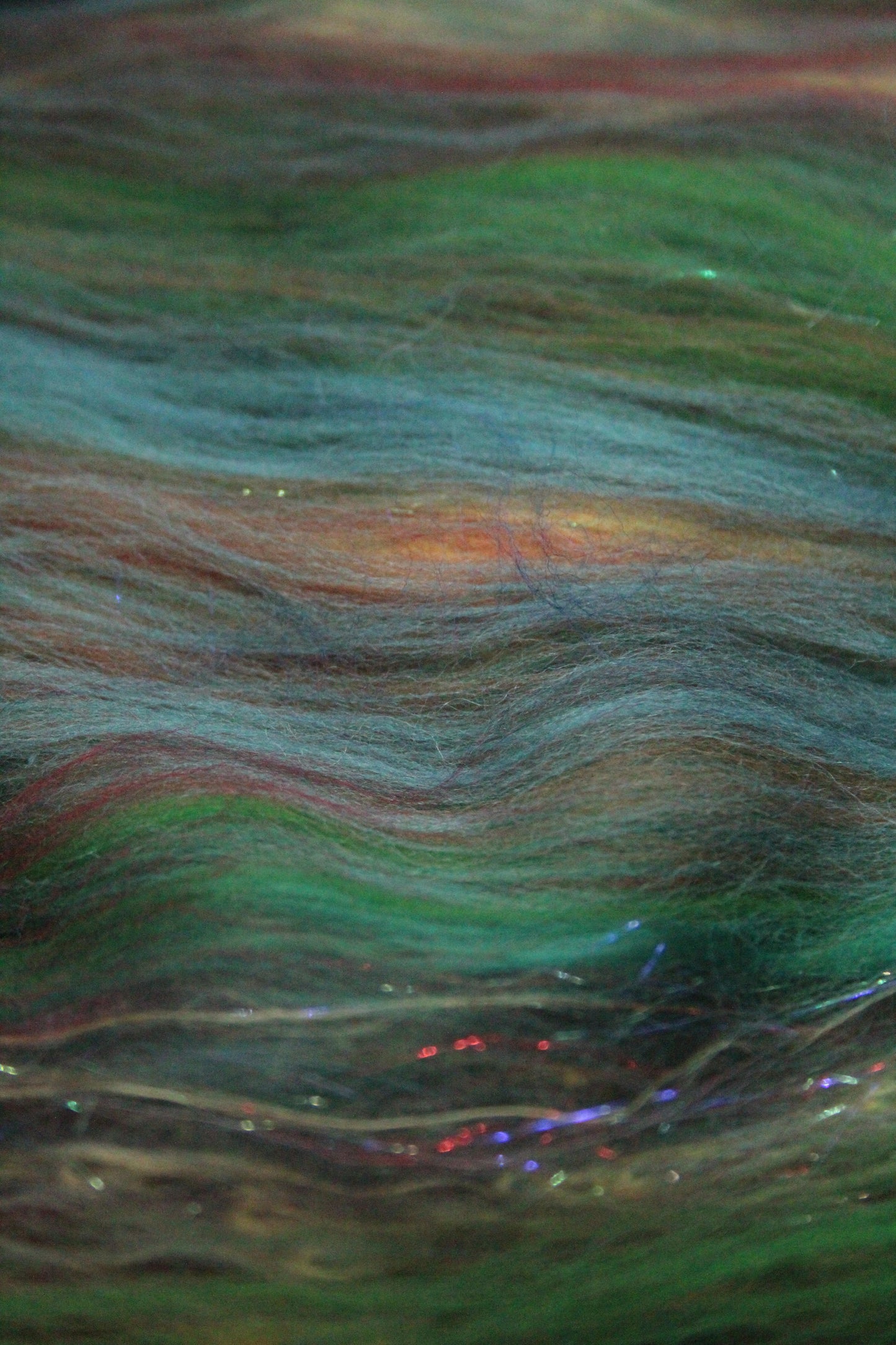 Merino Art Batt  - Red Green Brown - 67 grams 2.3 oz - Wool for felting, spinning and weaving