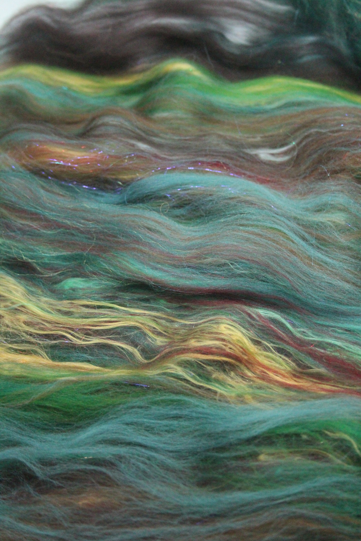 Merino Art Batt  - Red Green Brown - 67 grams 2.3 oz - Wool for felting, spinning and weaving
