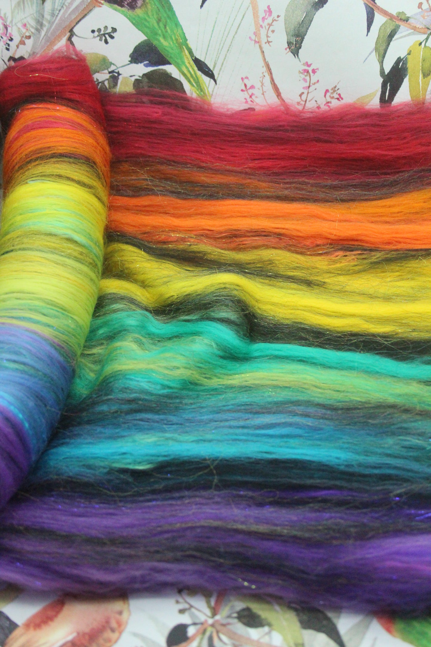 Merino Art Batt  - Rainbow Black - Sideways Colour Change  -  96 grams 3.3 oz - Wool for felting, spinning and weaving