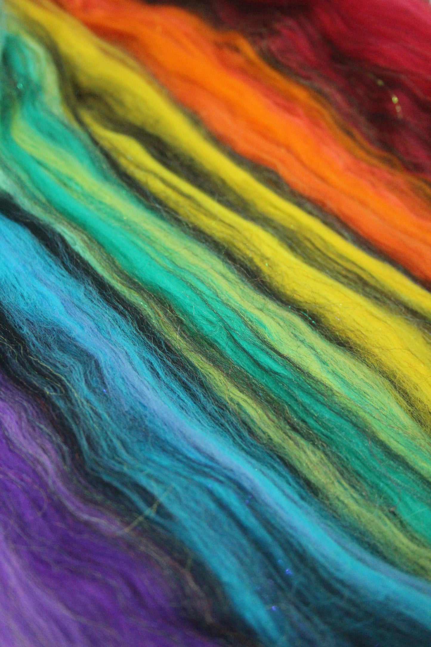 Merino Art Batt  - Rainbow Black - Sideways Colour Change  -  96 grams 3.3 oz - Wool for felting, spinning and weaving