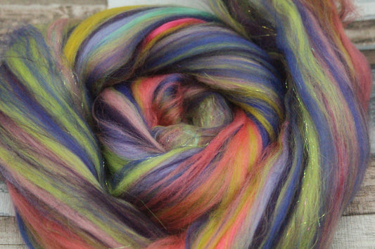 Wool Blend - Pink Yellow Purple Green - 27 grams / 0.9 oz  - Fibre for felting, weaving or spinning