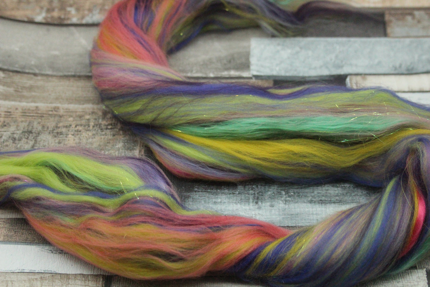 Merino Wool Blend - Pink Yellow Purple Green - 27 grams / 0.9 oz  - Fibre for felting, weaving or spinning