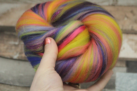 Wool Blend - Pink Yellow Purple Green - 35 grams / 1.2 oz  - Fibre for felting, weaving or spinning