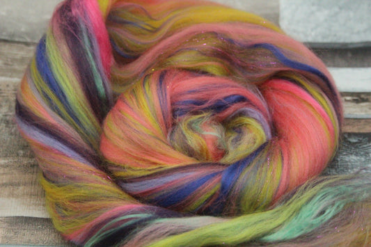 Wool Blend - Pink Yellow Purple Green - 24 grams / 0.8 oz  - Fibre for felting, weaving or spinning
