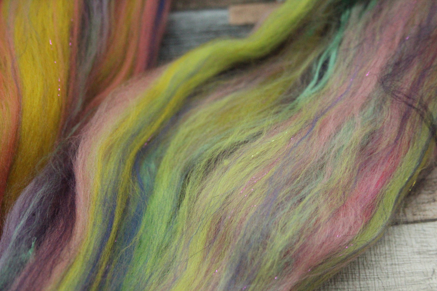 Merino Wool Blend - Pink Yellow Purple Green - 24 grams / 0.8 oz  - Fibre for felting, weaving or spinning