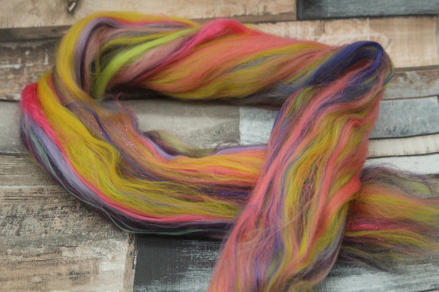 Merino Wool Blend - Pink Yellow Purple Green - 24 grams / 0.8 oz  - Fibre for felting, weaving or spinning