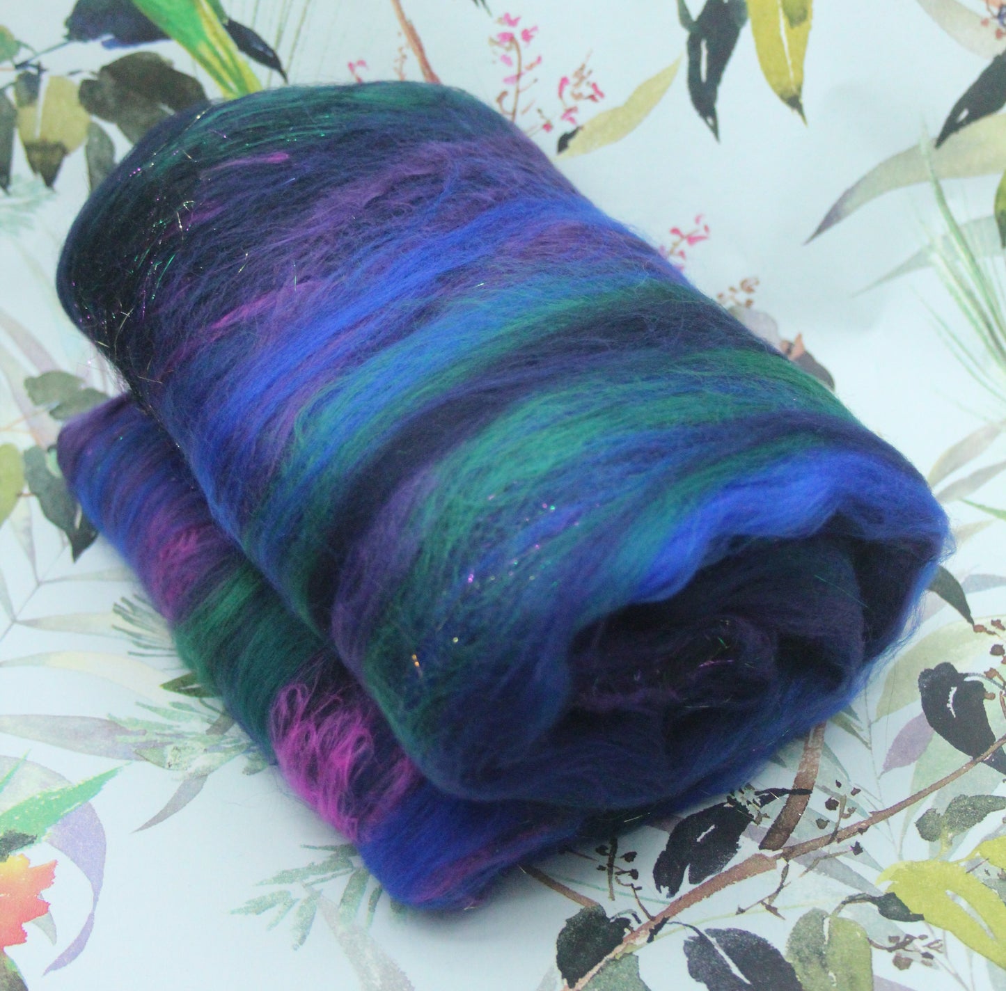 Merino Art Batt  - Purple Blue Green - 62 grams 2.1 oz - Wool for felting, spinning and weaving