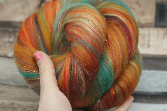 Wool Blend - Orange Brown Green Red - 46 grams / 1.6 oz  - Fibre for felting, weaving or spinning