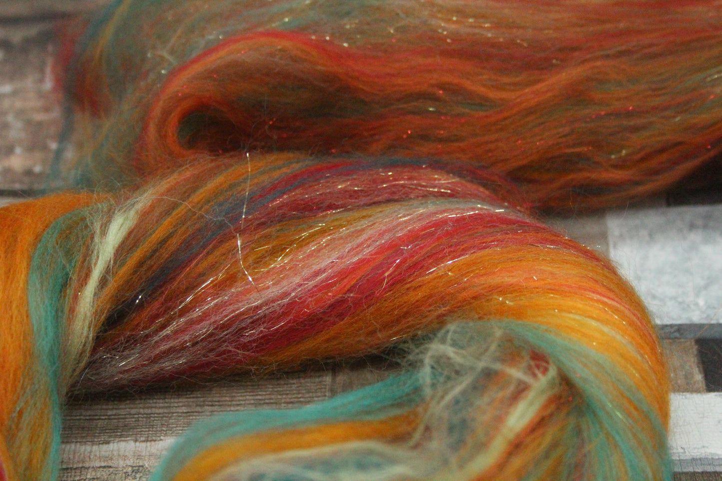 Merino Wool Blend - Orange Brown Green Red - 46 grams / 1.6 oz  - Fibre for felting, weaving or spinning
