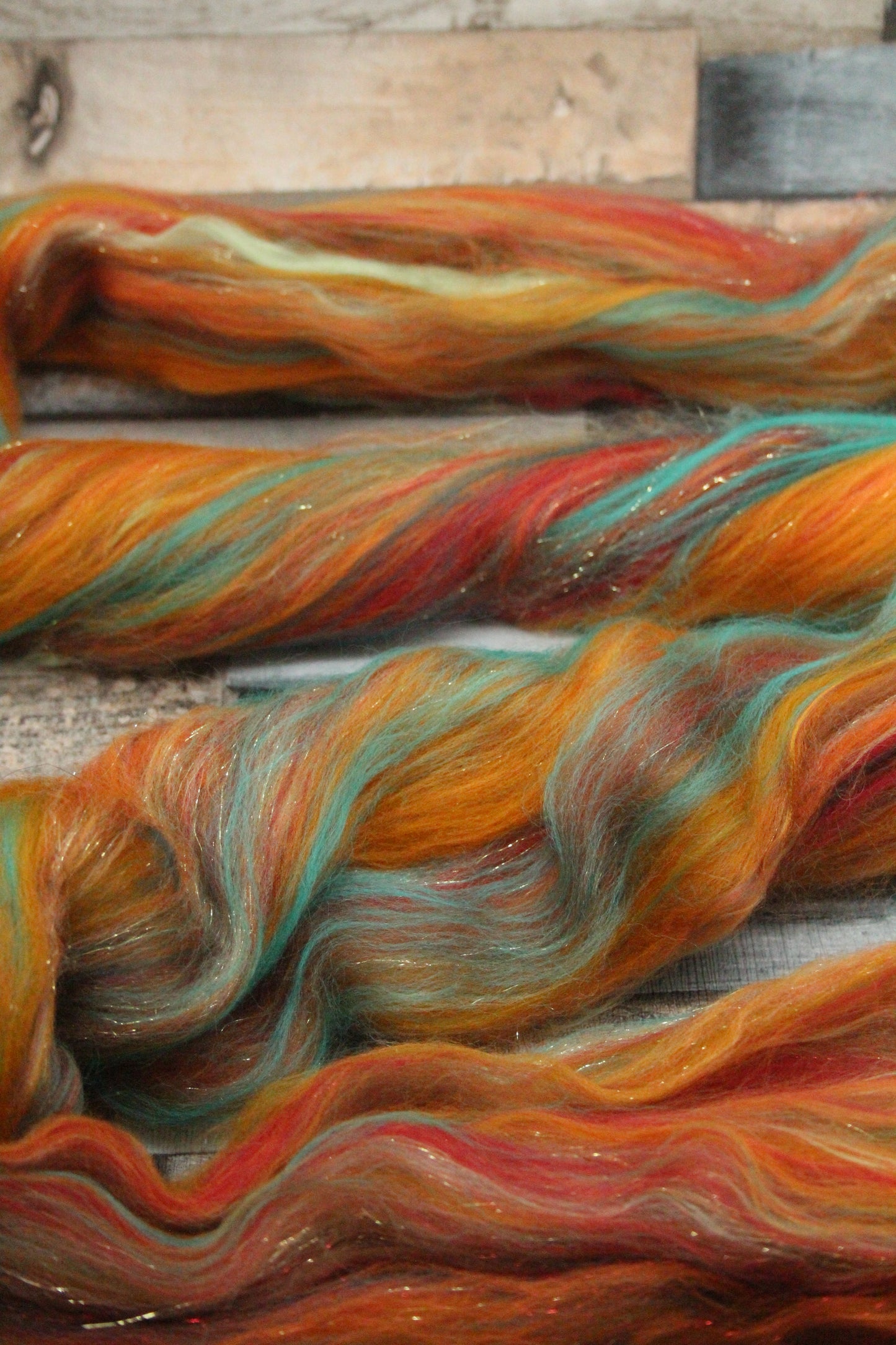 Merino Wool Blend - Orange Brown Green Red - 46 grams / 1.6 oz  - Fibre for felting, weaving or spinning