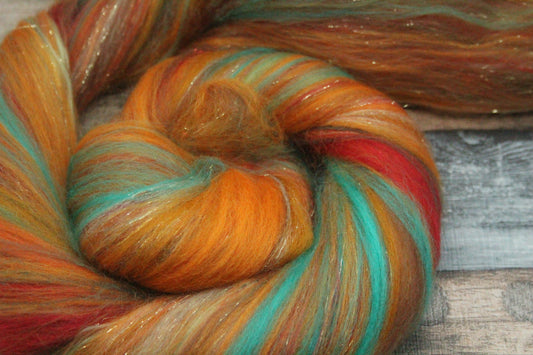 Wool Blend - Orange Brown Green Red - 27 grams / 0.9 oz  - Fibre for felting, weaving or spinning