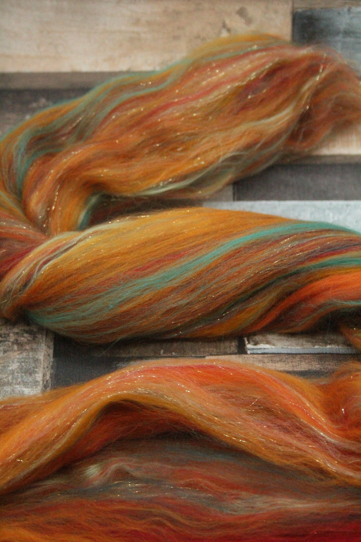 Merino Wool Blend - Orange Brown Green Red - 27 grams / 0.9 oz  - Fibre for felting, weaving or spinning
