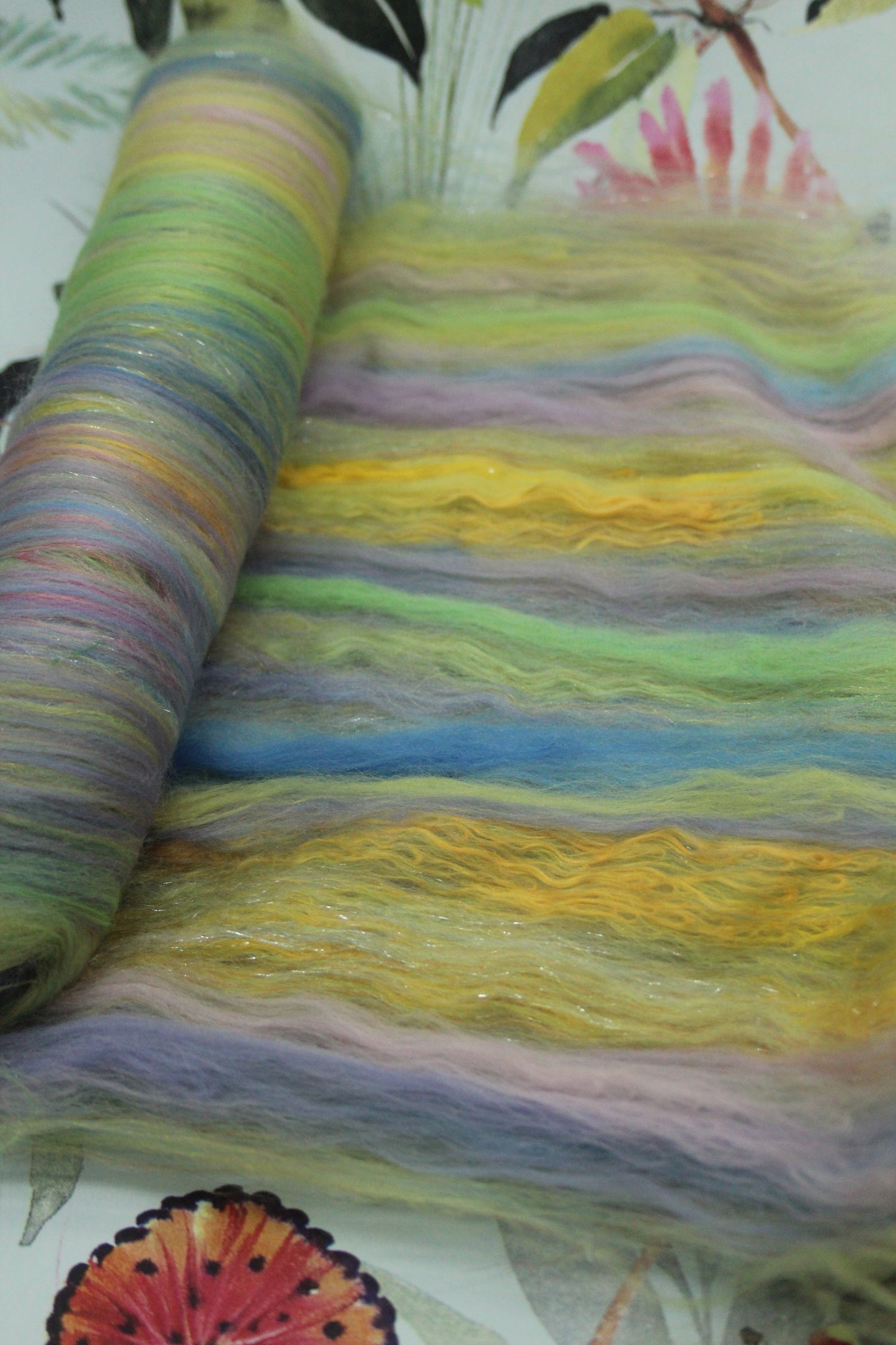 Merino Art Batt  -  Green Yellow Pink Purple - 85 grams 2.9 oz - Wool for felting, spinning and weaving