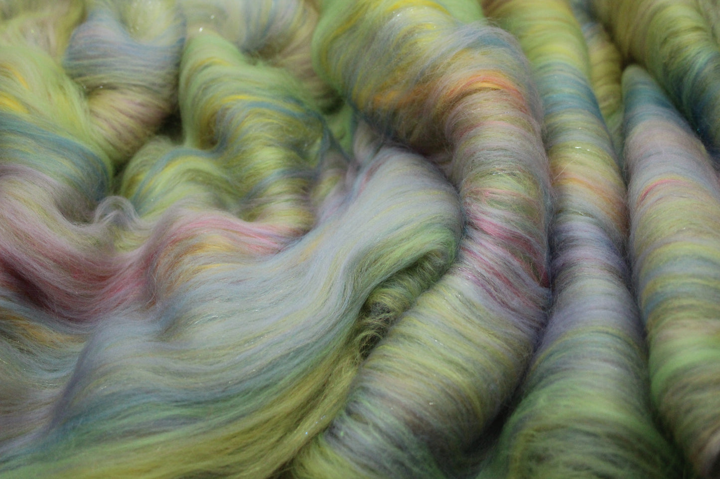 Merino Art Batt  -  Green Yellow Pink Purple - 85 grams 2.9 oz - Wool for felting, spinning and weaving