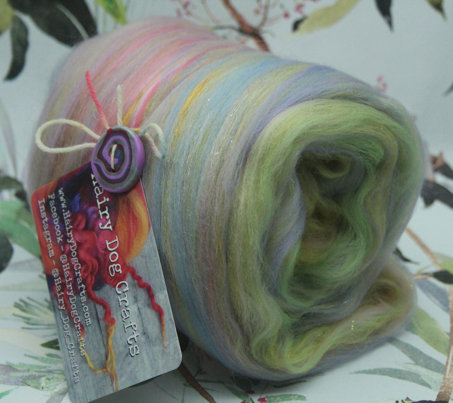 Merino Art Batt  -  Green Yellow Pink Purple - 85 grams 2.9 oz - Wool for felting, spinning and weaving
