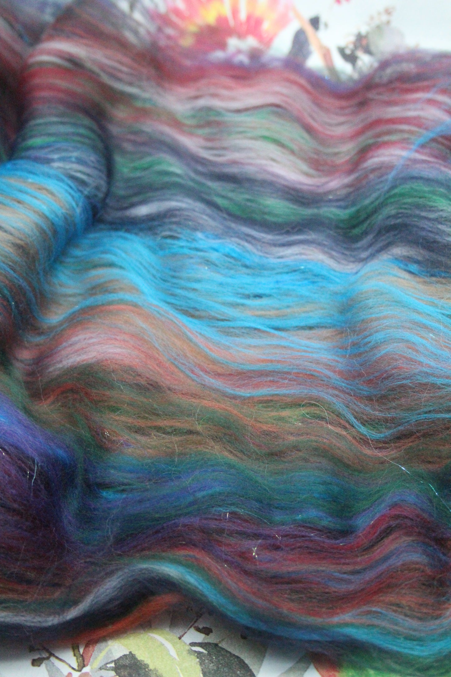Merino Art Batt  -  Green Blue Brown Grey Purple Red - 51 grams 1.7 oz - Wool for felting, spinning and weaving