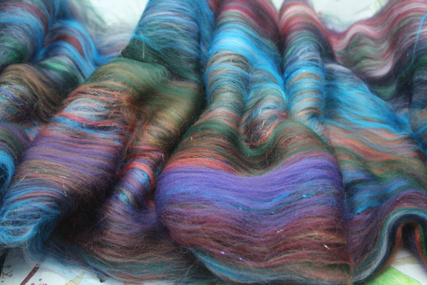 Merino Art Batt  -  Green Blue Brown Grey Purple Red - 51 grams 1.7 oz - Wool for felting, spinning and weaving