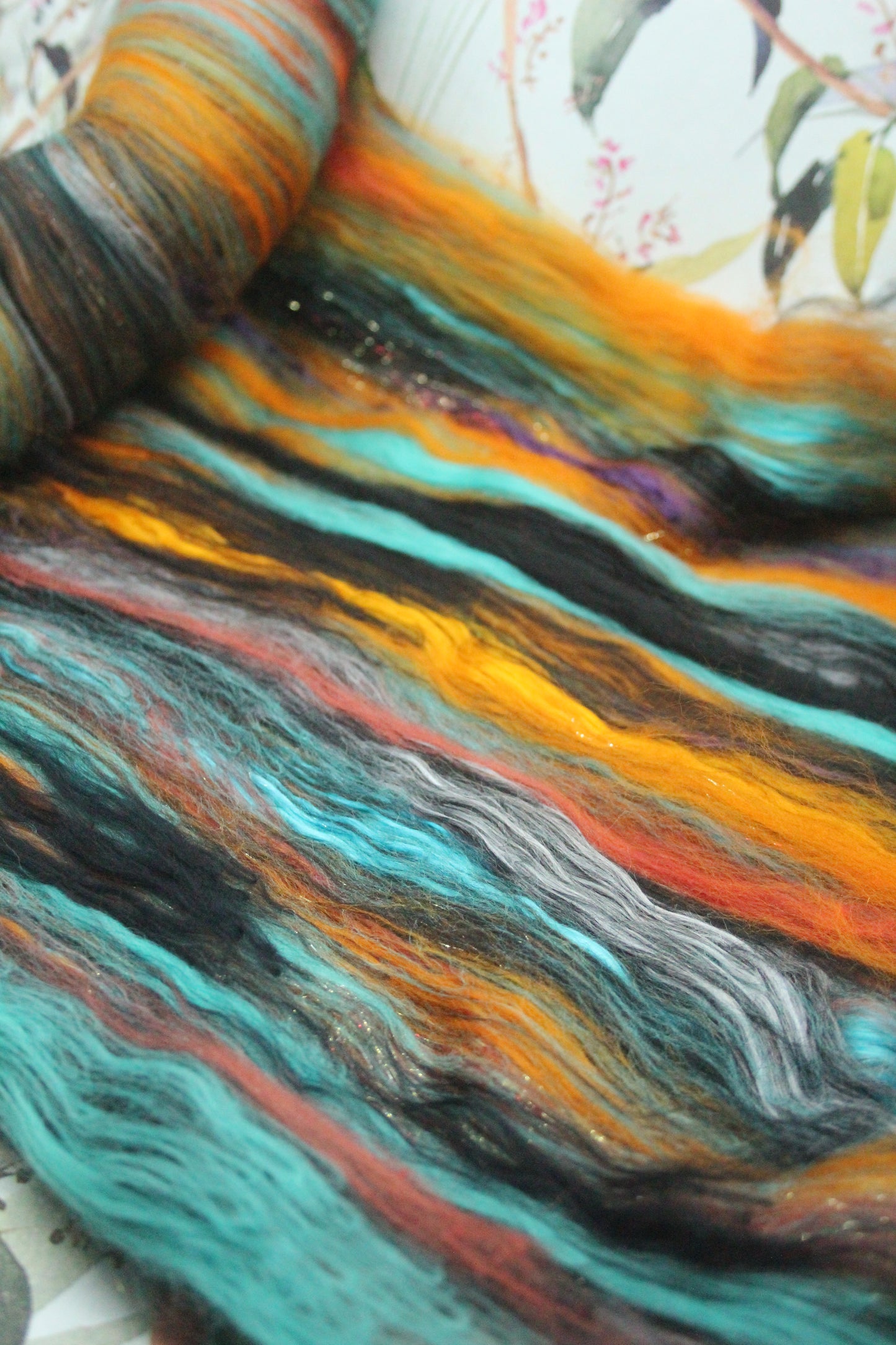 Merino Art Batt  -  Blue Black Orange - 114 grams 4 oz - Wool for felting, spinning and weaving