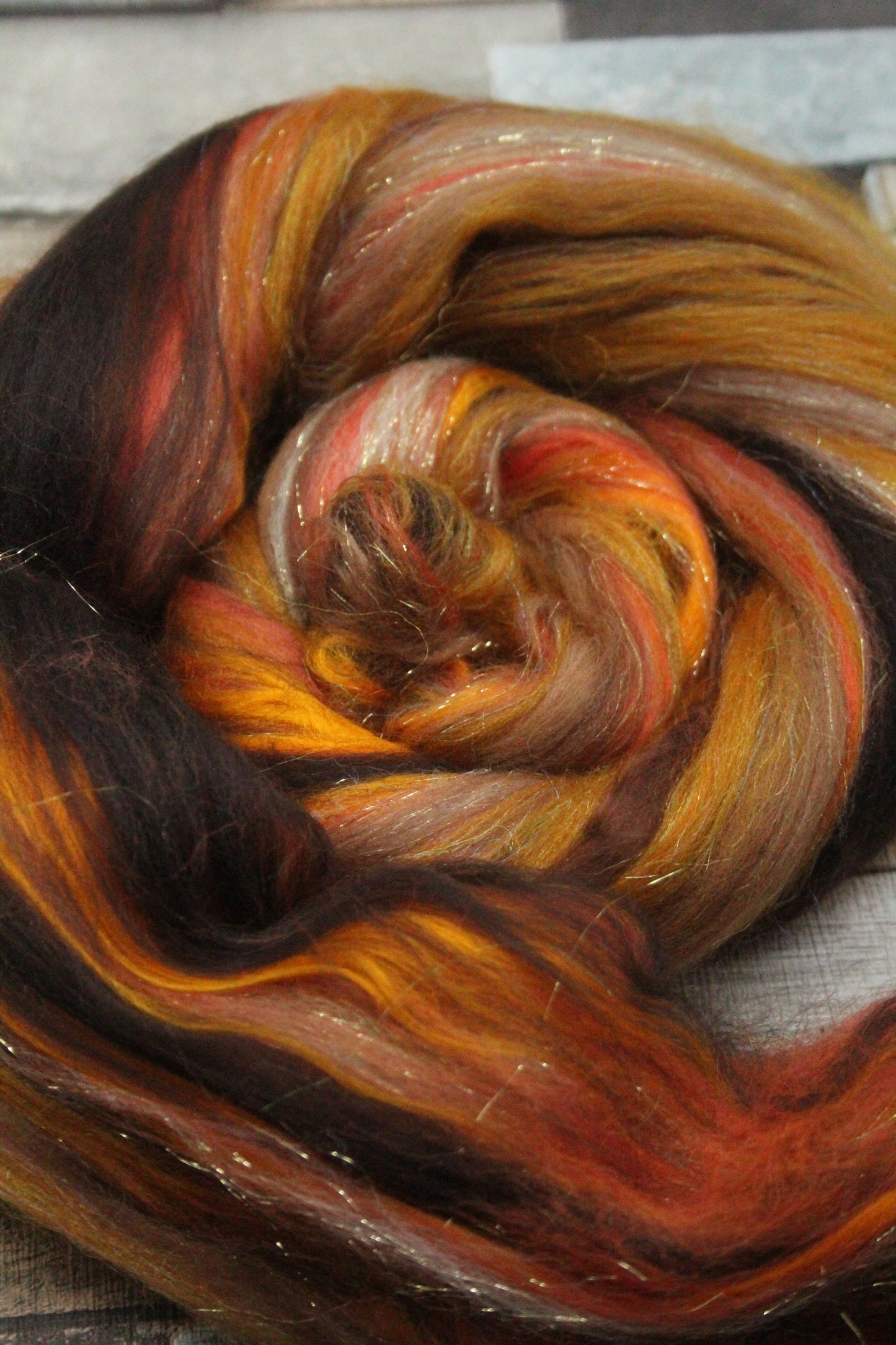 Merino Wool Blend - Brown Orange - 37 grams / 1.3 oz  - Fibre for felting, weaving or spinning