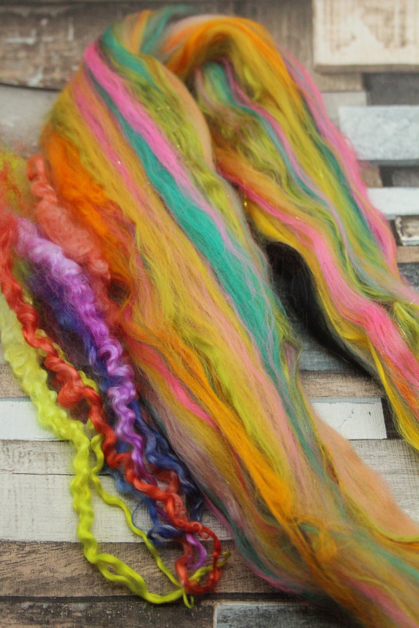 Merino Wool Blend - Yellow Green Pink Orange - 16 grams / 0.5 oz  - Fibre for felting, weaving or spinning