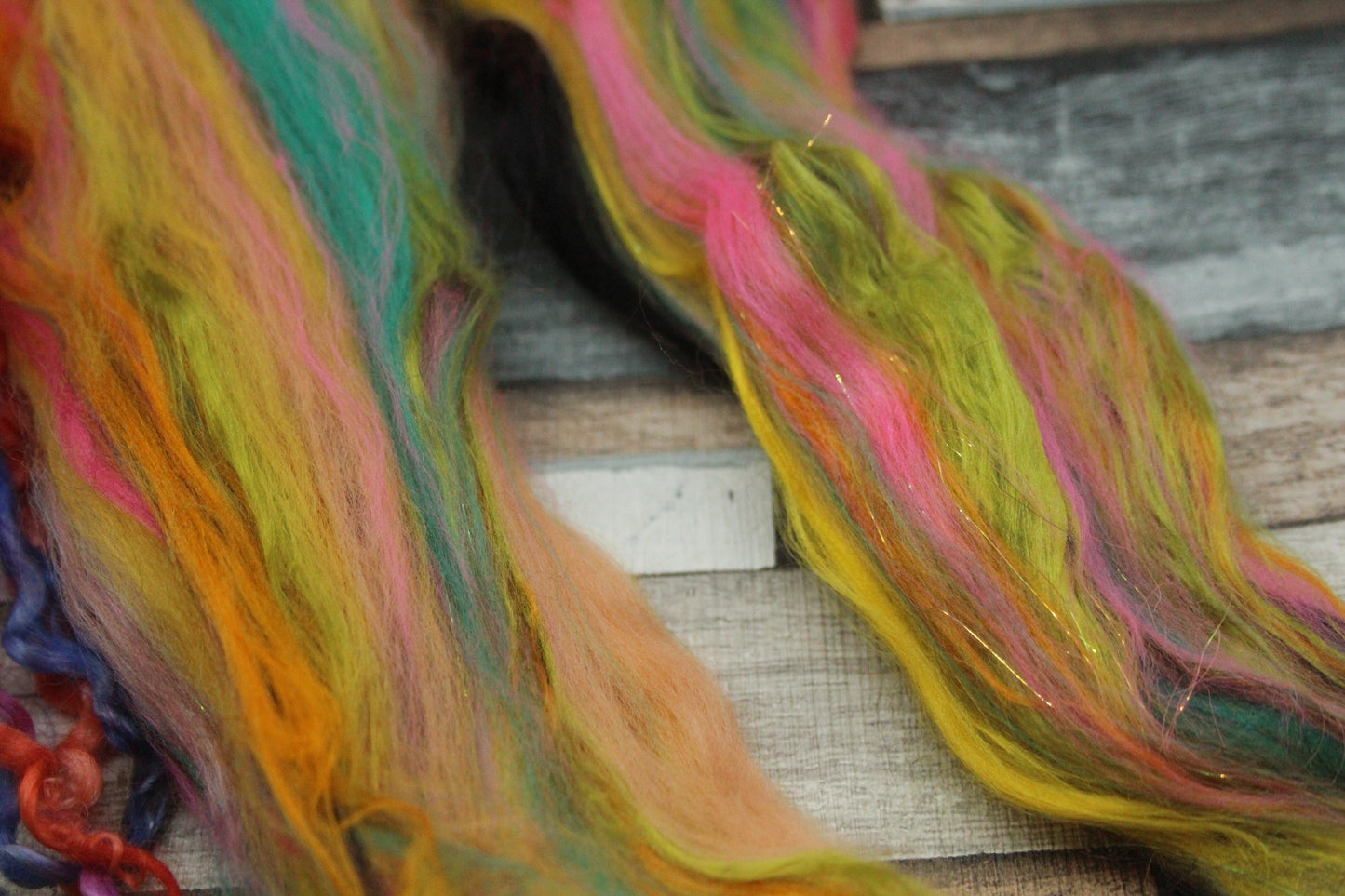 Merino Wool Blend - Yellow Green Pink Orange - 16 grams / 0.5 oz  - Fibre for felting, weaving or spinning
