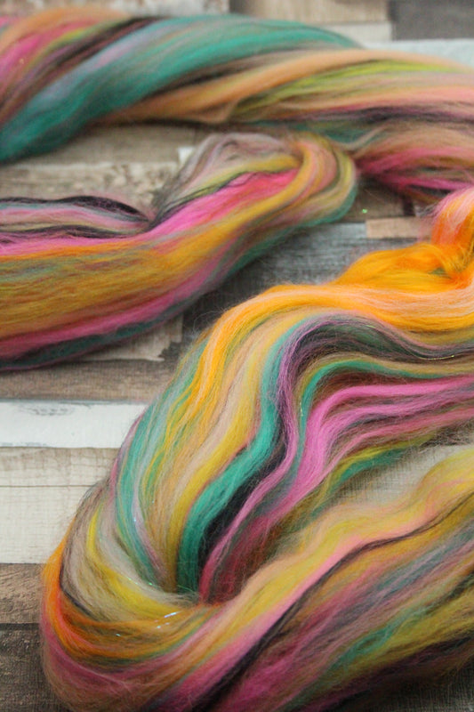 Merino Wool Blend - Yellow Green Pink Orange - 32 grams / 1.1 oz  - Fibre for felting, weaving or spinning