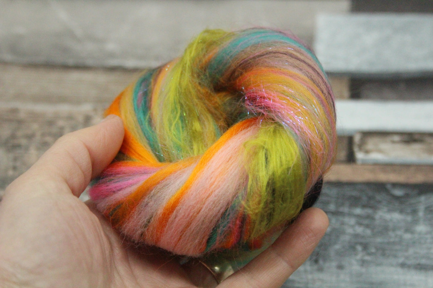 Merino Wool Blend - Yellow Green Pink Orange - 6 grams / 0.2 oz  - Fibre for felting, weaving or spinning