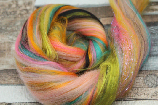 Wool Blend - Yellow Green Pink Orange - 6 grams / 0.2 oz  - Fibre for felting, weaving or spinning