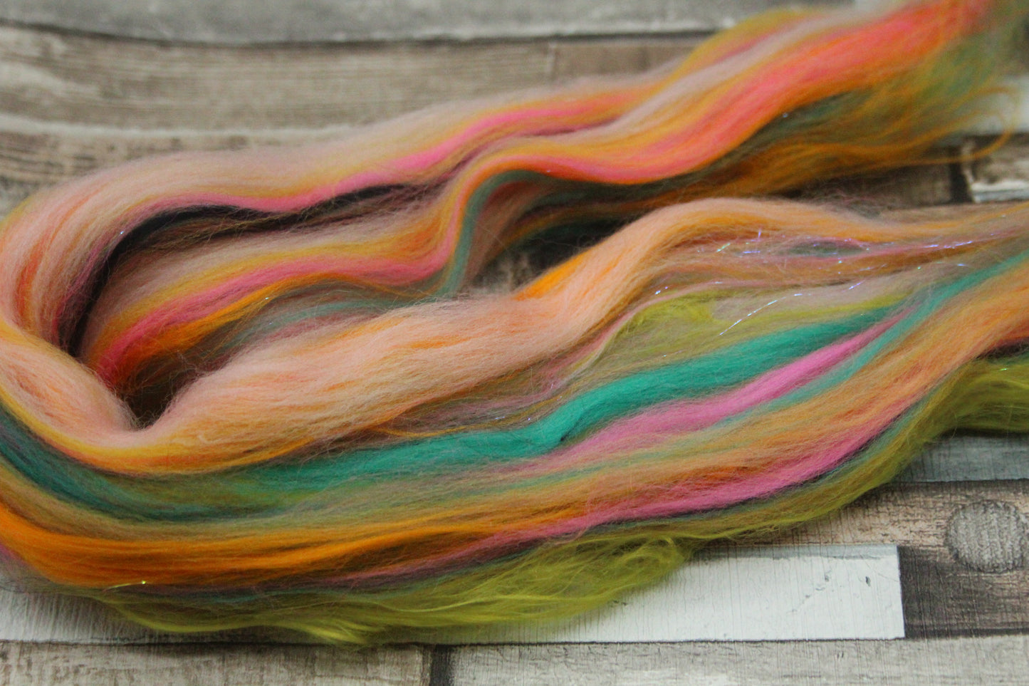 Merino Wool Blend - Yellow Green Pink Orange - 6 grams / 0.2 oz  - Fibre for felting, weaving or spinning
