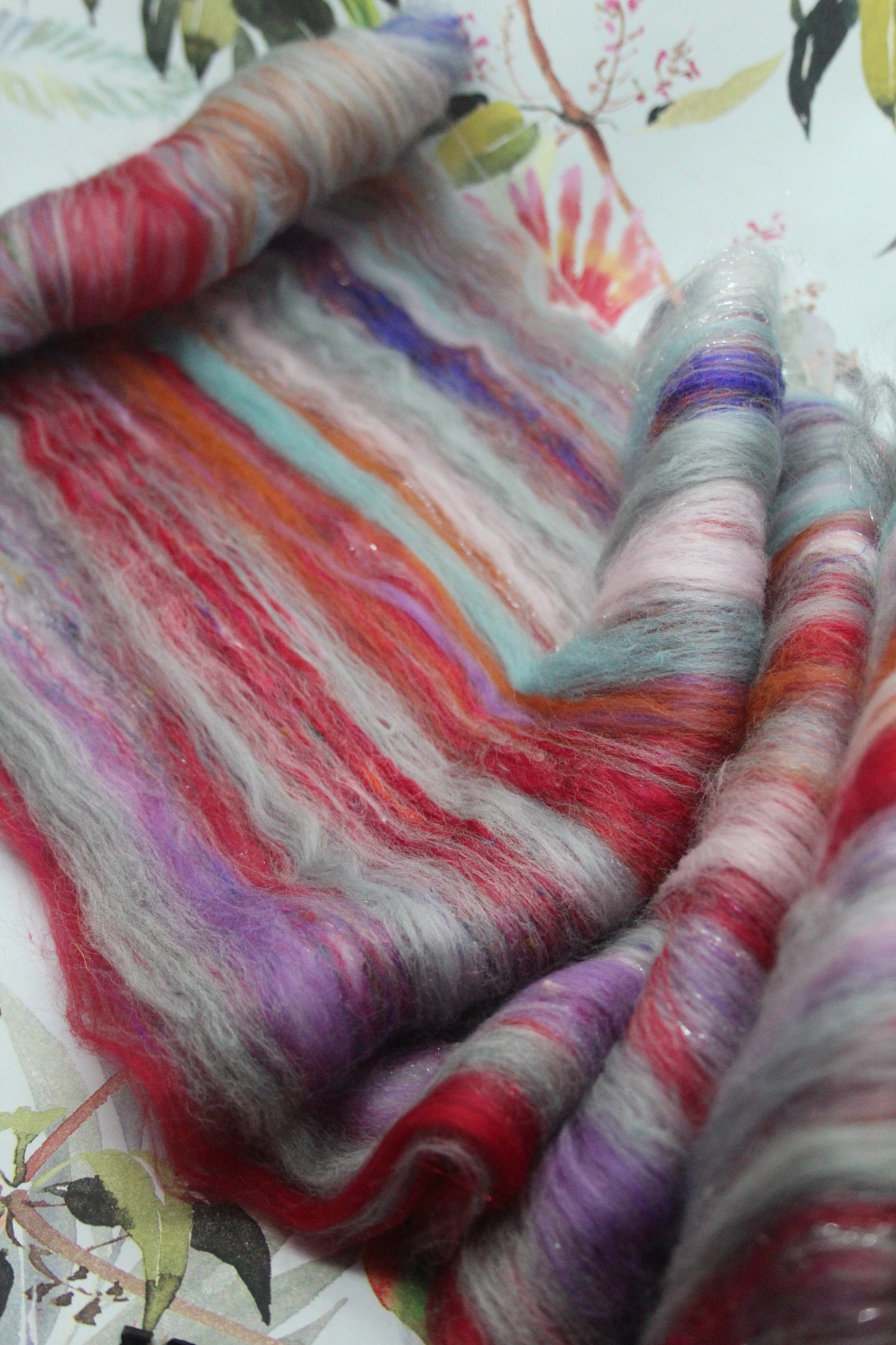 Merino Art Batt  -  Red Brown Grey Purple - 74 grams 2.6 oz - Wool for felting, spinning and weaving