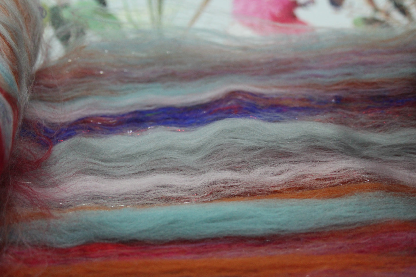 Merino Art Batt  -  Red Brown Grey Purple - 74 grams 2.6 oz - Wool for felting, spinning and weaving