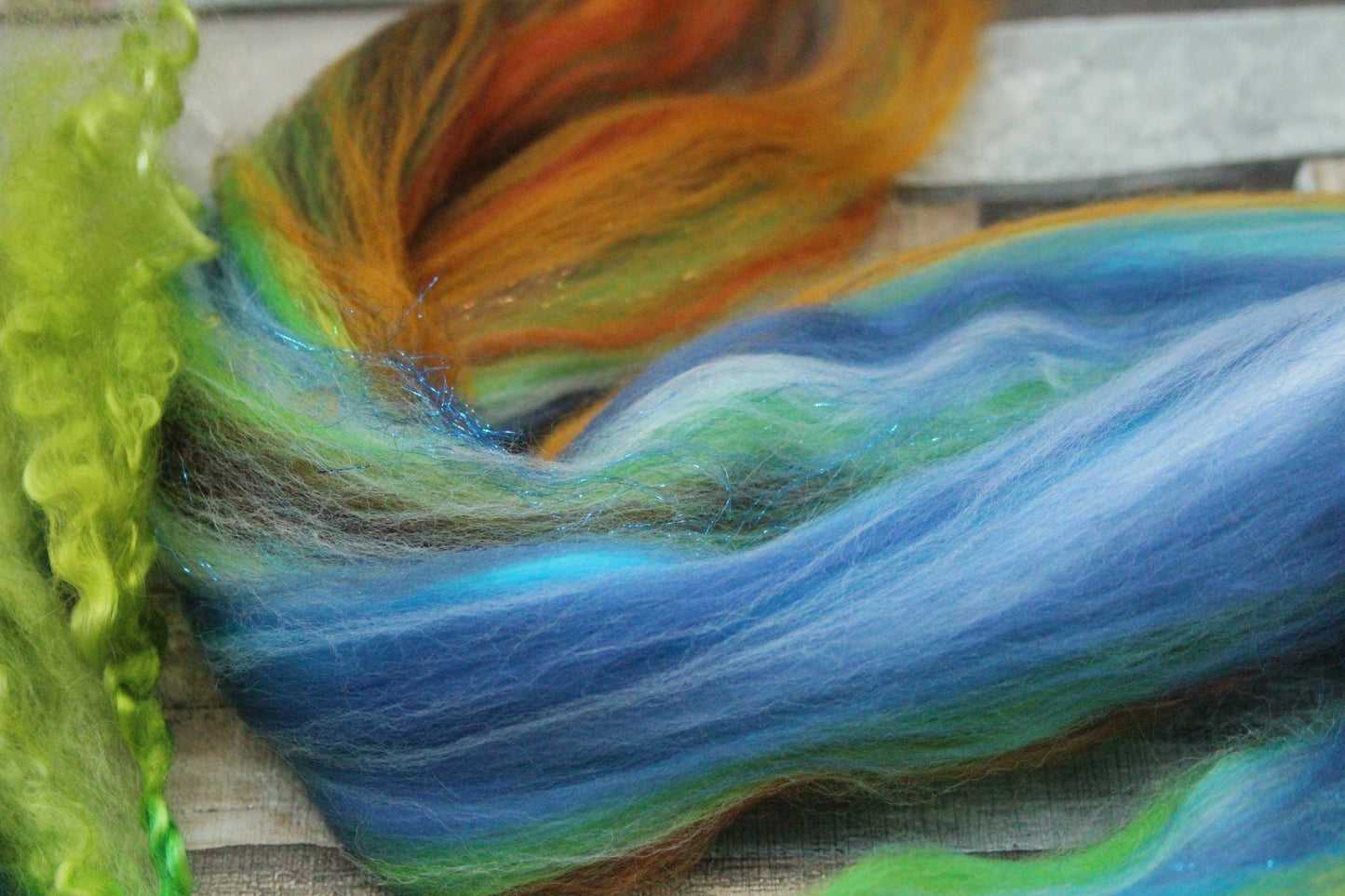 Merino Wool Blend - Brown Green Blue - 18 grams / 0.6 oz  - Fibre for felting, weaving or spinning