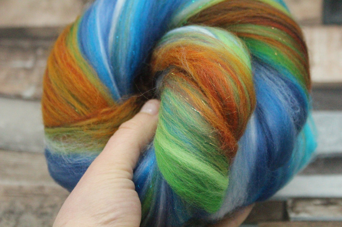 Merino Wool Blend - Brown Green Blue - 42 grams / 1.4 oz  - Fibre for felting, weaving or spinning